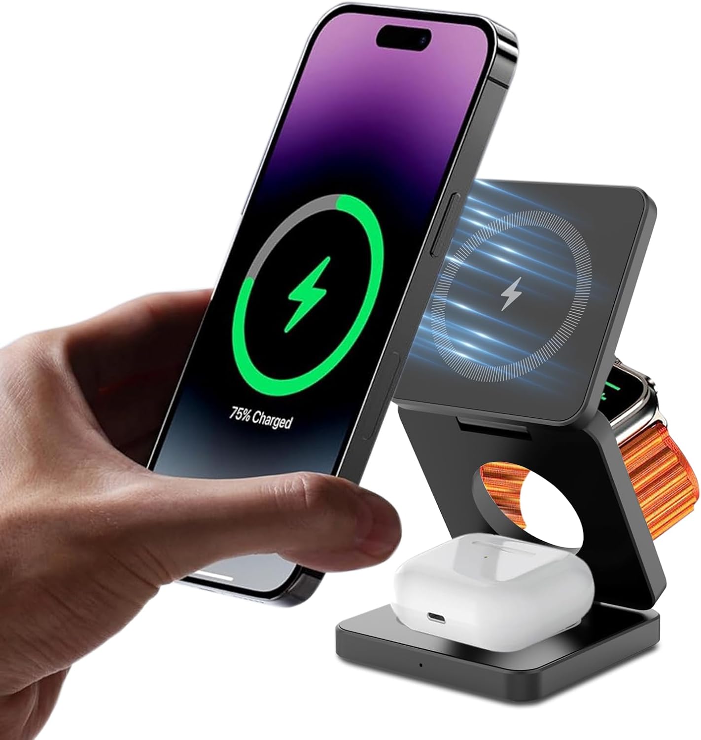 Foldable Wireless Charger for iPhone Fast Charging Station: 3 in 1 Charger Stand Multiple Devices for Apple - iPhone 15 14 13 12 Series - Apple Watch 9 8 7 6 5 4 3 2 Se - Airpods 3 2 Pro (Black)