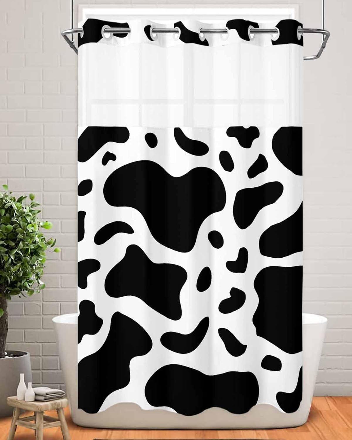 No Hook Cloth Fabric Shower Curtain with Snap in Liner, Black and White Waterproof Shower Curtains Set with See Through Top Window, Cow Print Animal Themed Bath Curtains Shower 36"x72"