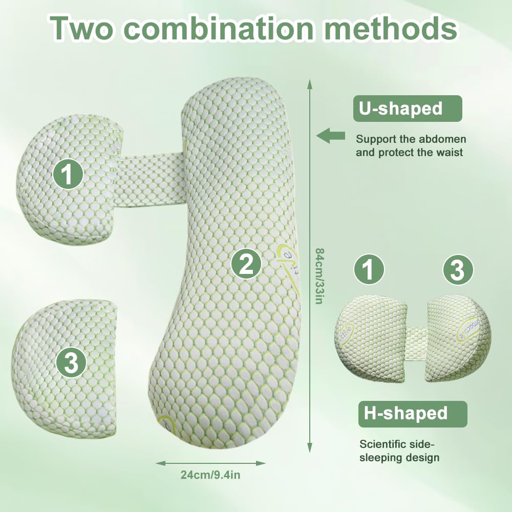 Schwangerschaftskissen Einstellbar, Schwangerschaftskissen zum Schlafen, Memory Foam Schwangerschaftskissens für Bauch, Rücken, Verstellbares und Tragbares Körperkissen für Seitenschläfer (Grün)