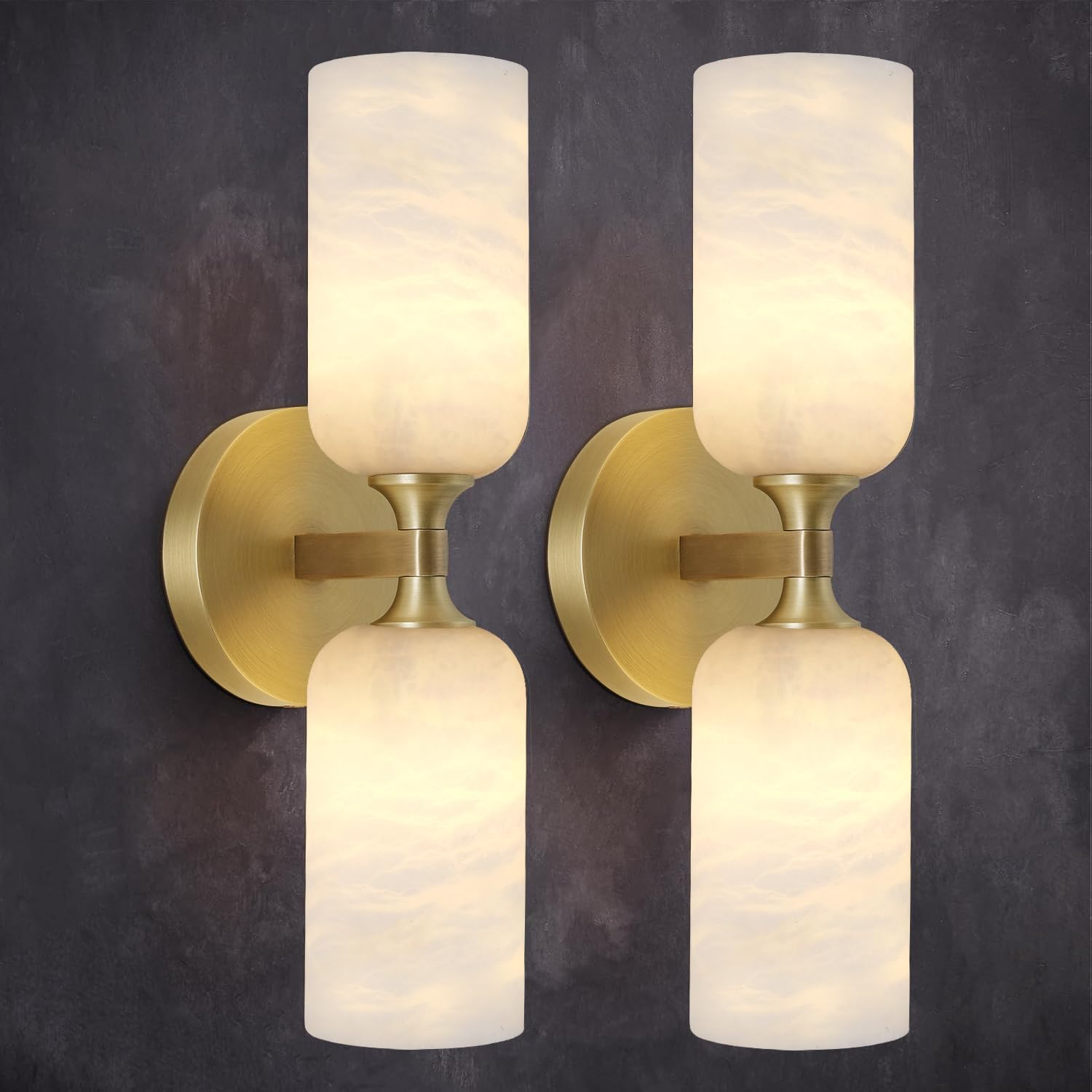 Alabaster Wall Sconces Set of Two, 14in Modern Spanish Natural Marble Bathroom Vanity Sconces, Brass Alabaster Sconce Wall Lighting, Gold Wall Light Fixtures Decor for Bedroom Living Room Staircases
