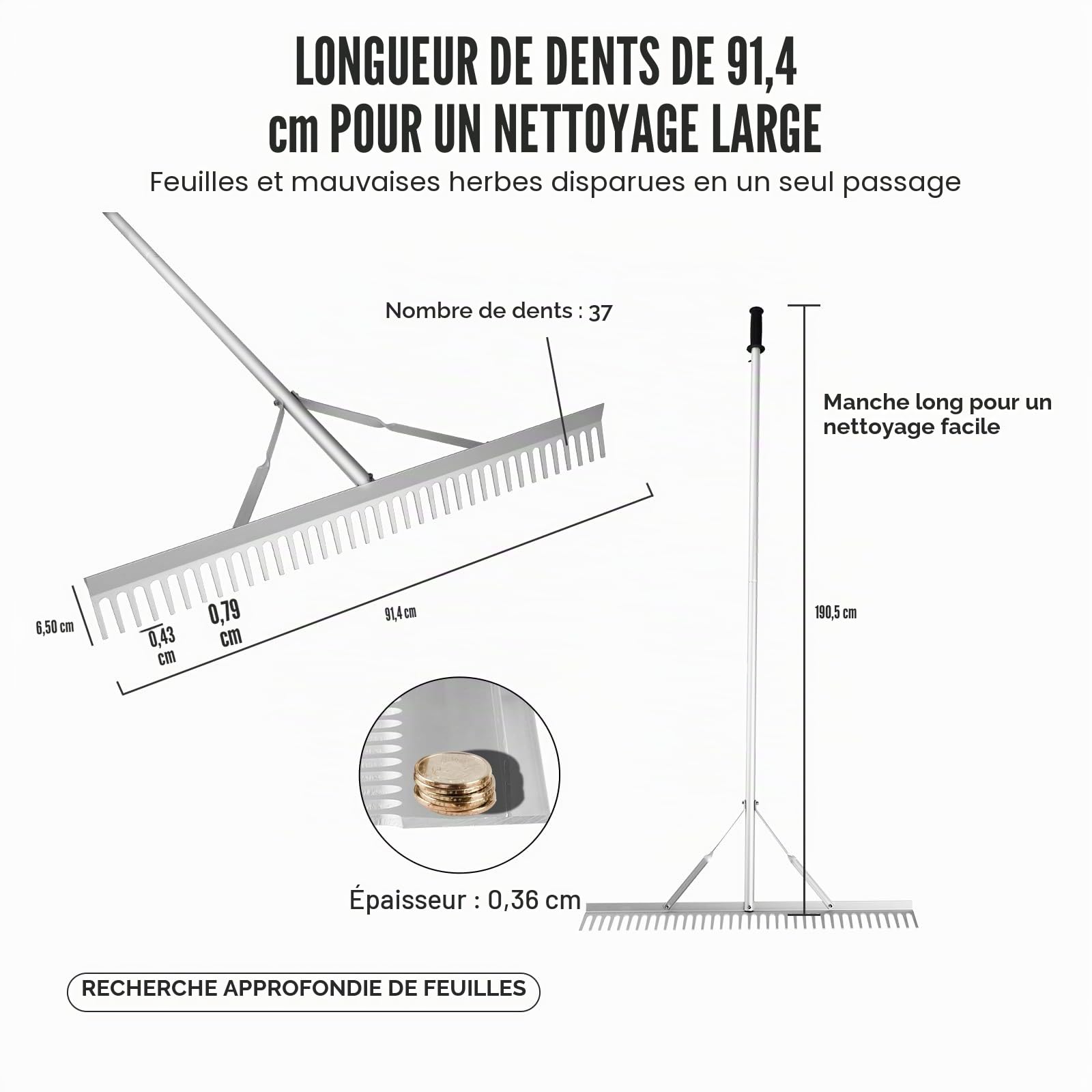 VEVOR Râteau paysager, râteau paysager en aluminium à tête de 36", râteau à mauvaises herbes avec manche de 75" de long, pour ameublir le sol, entretien de la pelouse, désherbage du lac, jardin, étang