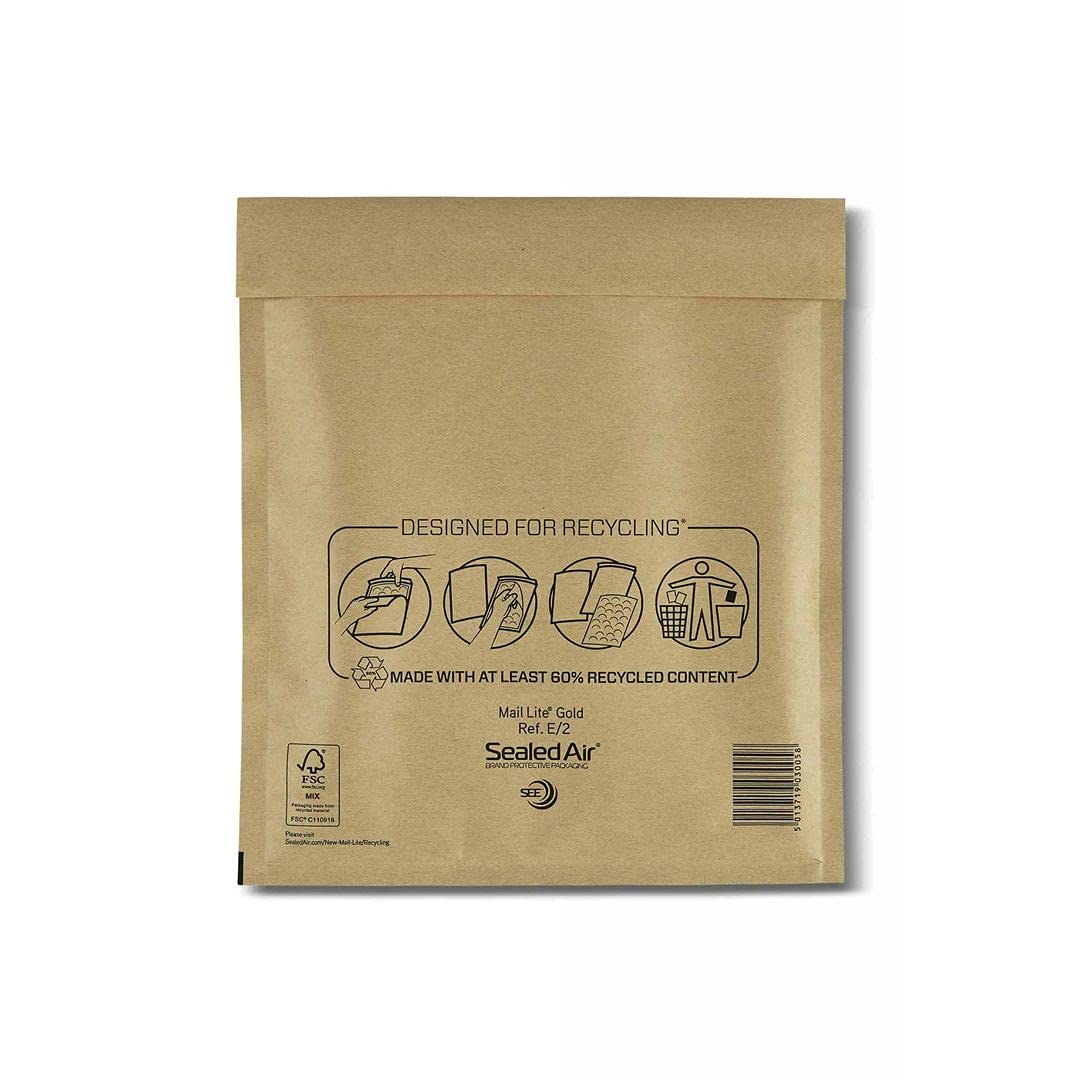 Mail Lite Padded Envelopes - Bubble Envelopes | White/Gold (E/2 (220 x 260mm) - Box of 100, Gold)