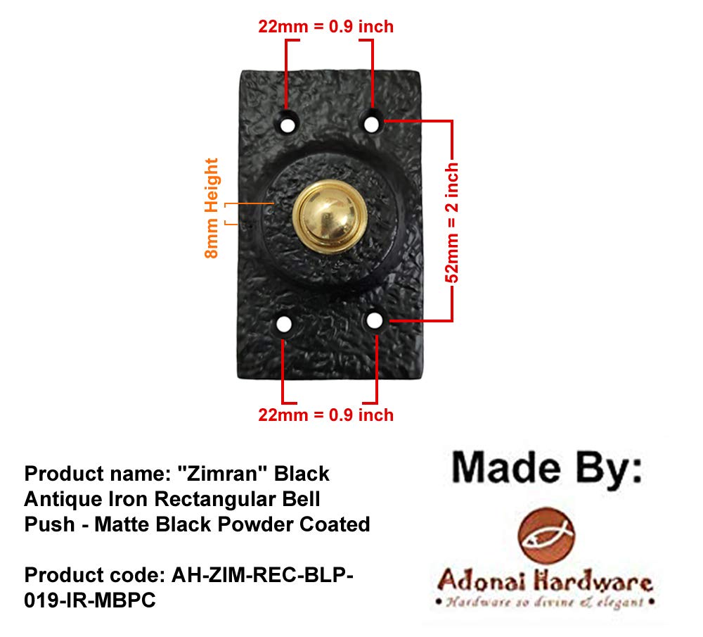 Adonai Hardware "Zimran" Black Antique Iron Rectangular Bell Push - Matte Black Powder Coated 3