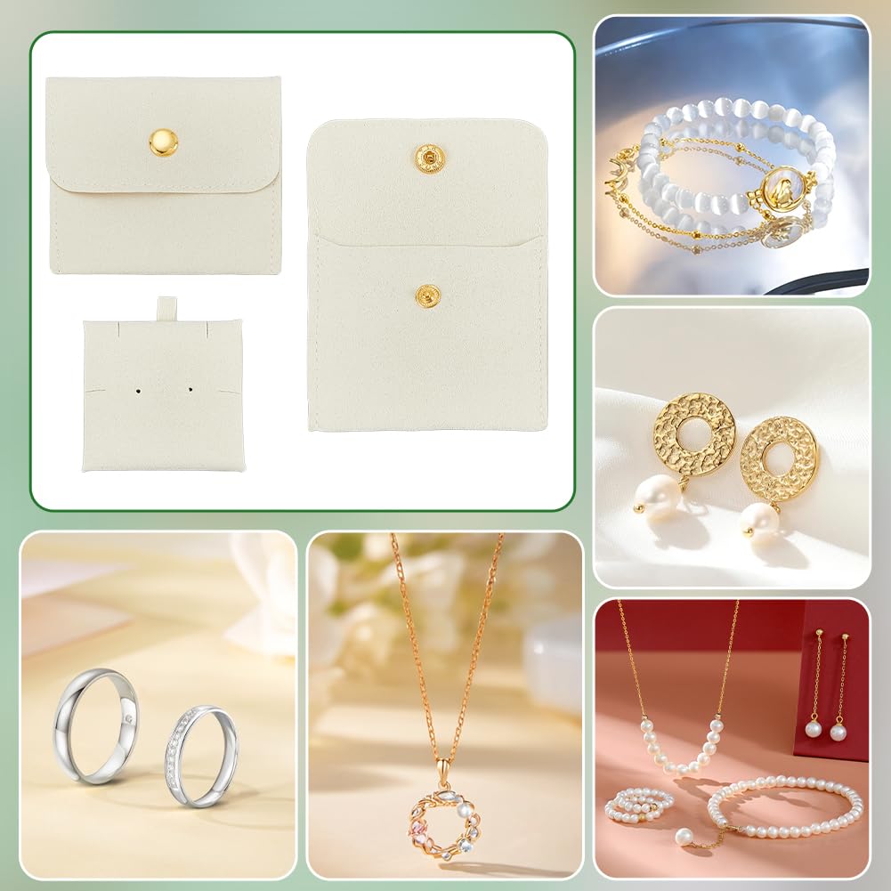 BENECREAT 22 bolsas de joyería beige con botón de latón, 2.7 x 3.1 x 0.5 pulgadas, bolsas de almacenamiento de joyas de microfibra, pequeñas bolsas de regalo para pulseras, collares, anillos, aretes