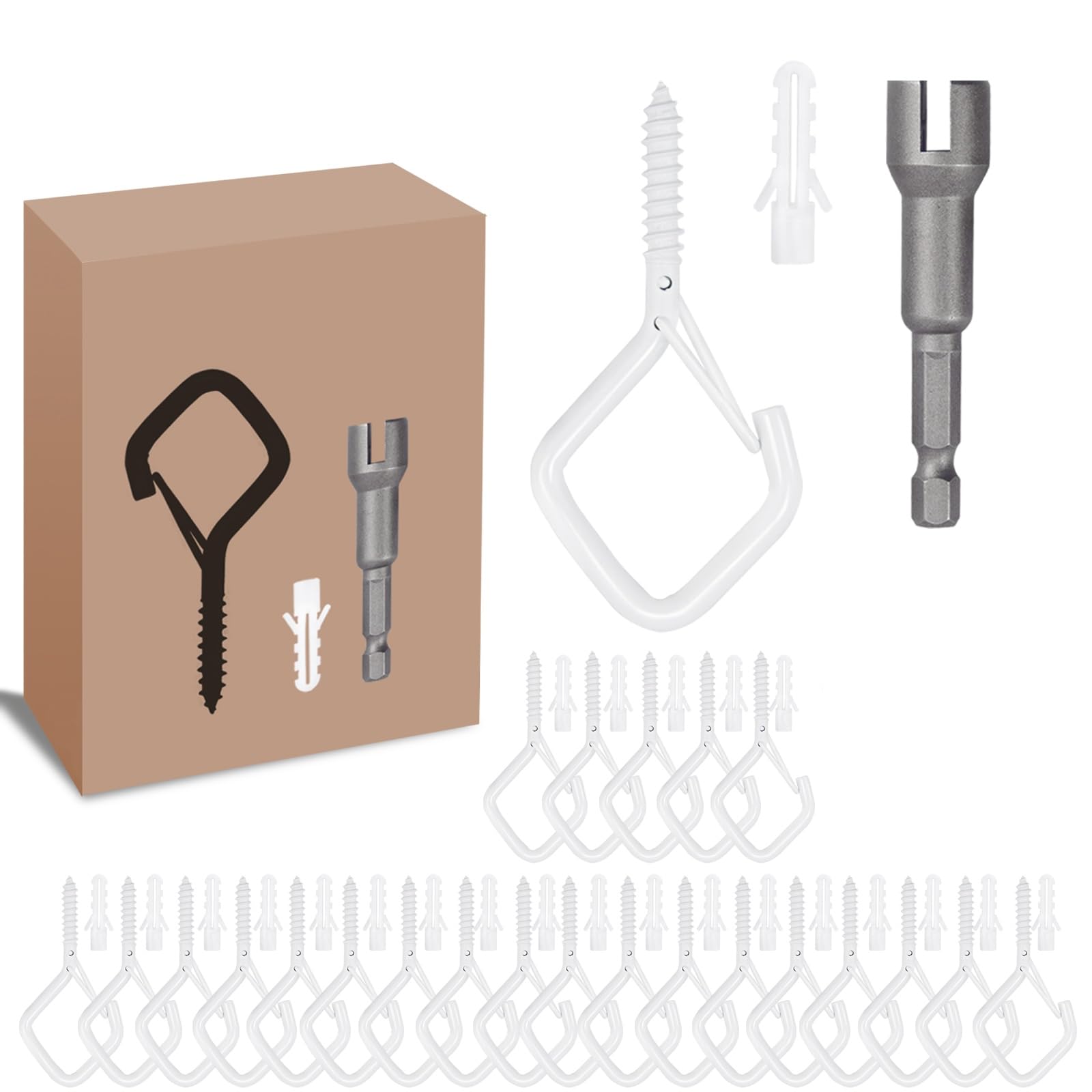 Sexoeie 50 PCS White Eye Screw Hooks for Hanging Heavy Duty with Safety Buckle.Metal Ceiling Hooks for Hanging Plants Cup Wind Chime Bird Feeders Patio Lights at Indoor&Outdoor