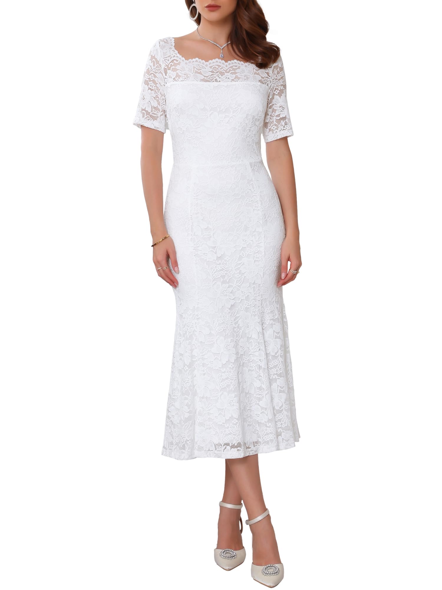 Femme Robe Dentelle Sirène Épaules Nues Soirée Mariage | Coupe Ajustée Ourlet Sirène Parfait pour Cocktail et Banquet Silhouette Flatteuse