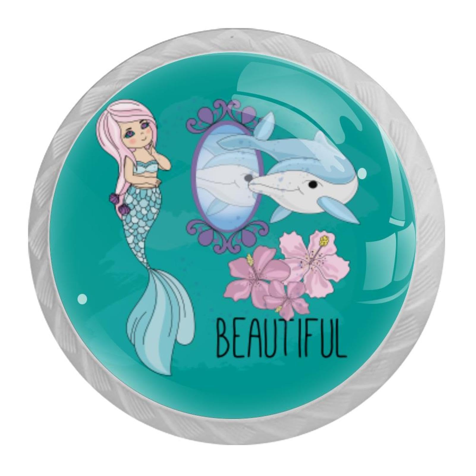 Tqmspg 4 Pieces Drawer Pulls Cute Dolphin and Mermaid Door Knobs Dresser Handles for Kitchen Wardrobe Cupboard Hardware Furniture