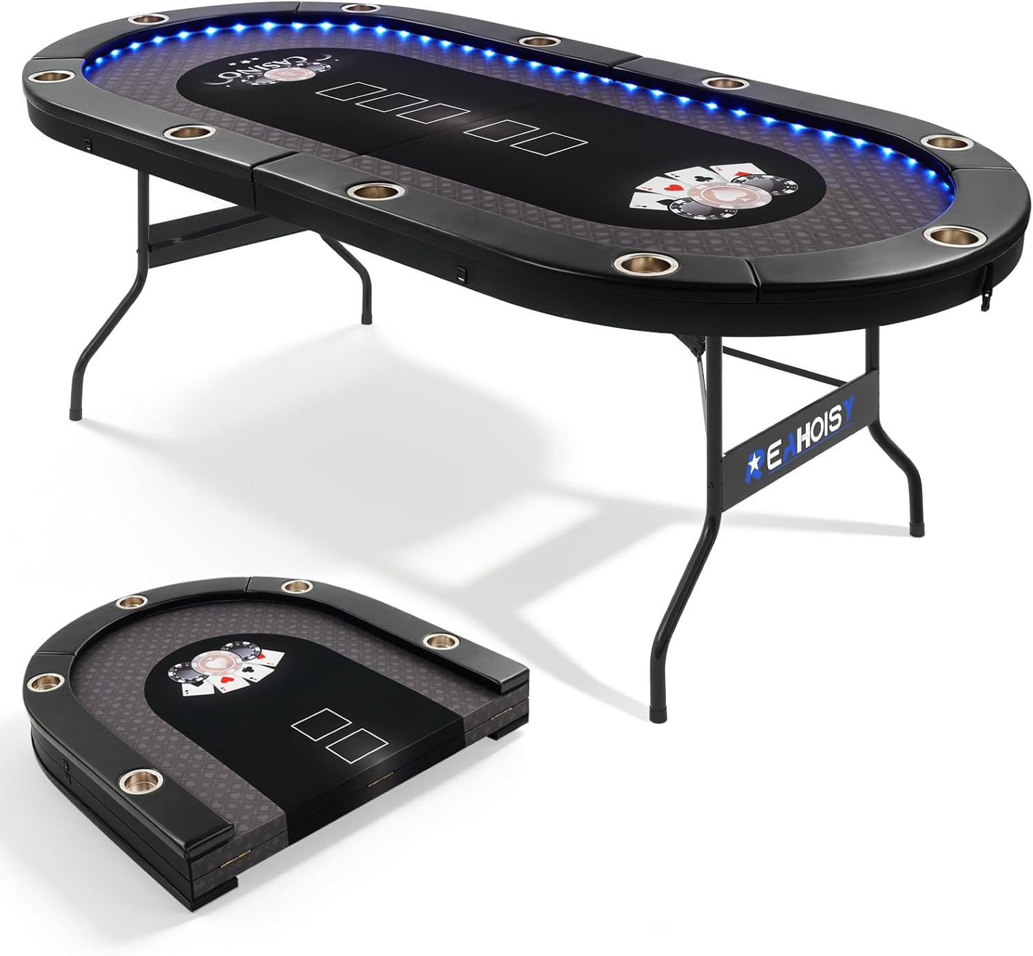 LED Poker Table, 84" 10 Player Foldable Texas Holdem Table w/Inlaid LED Light, 2 USB & 2 Type-c Ports, Portable Blackjac for Texas Card Game w/Cup Holders and Padded Rails (Black)