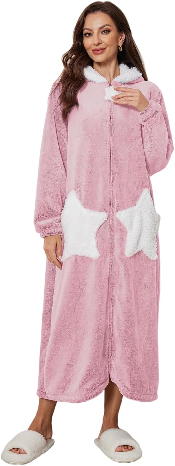 RONGTAI Women's Robe Hooded Zipper Flannel Star Bathrobes Women Plush Fleece Warm Sleepwear Long Pajamas Nightgown S-XXL