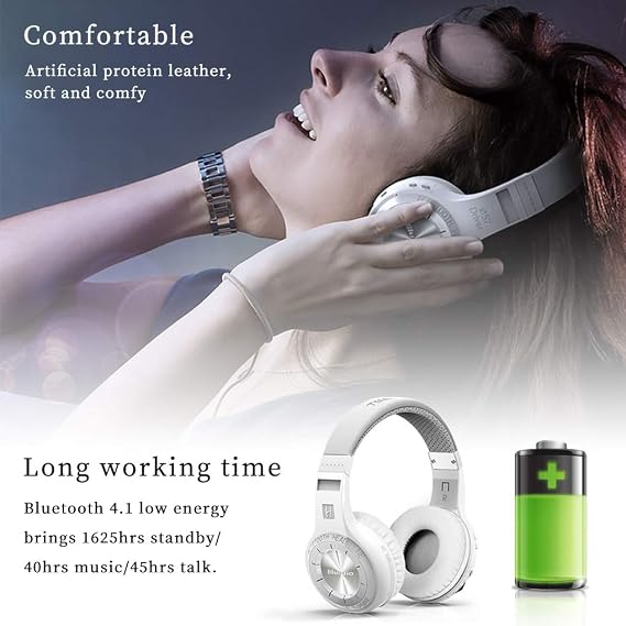 Bluedio Bluetooth 5.0 Headphones Over Ear, Wireless and Wired Bluetooth On-Ear Stereo Earphones Noise Cancelling Headsets with Microphone, Line-in/Line-Out//Voice Contrl (White)