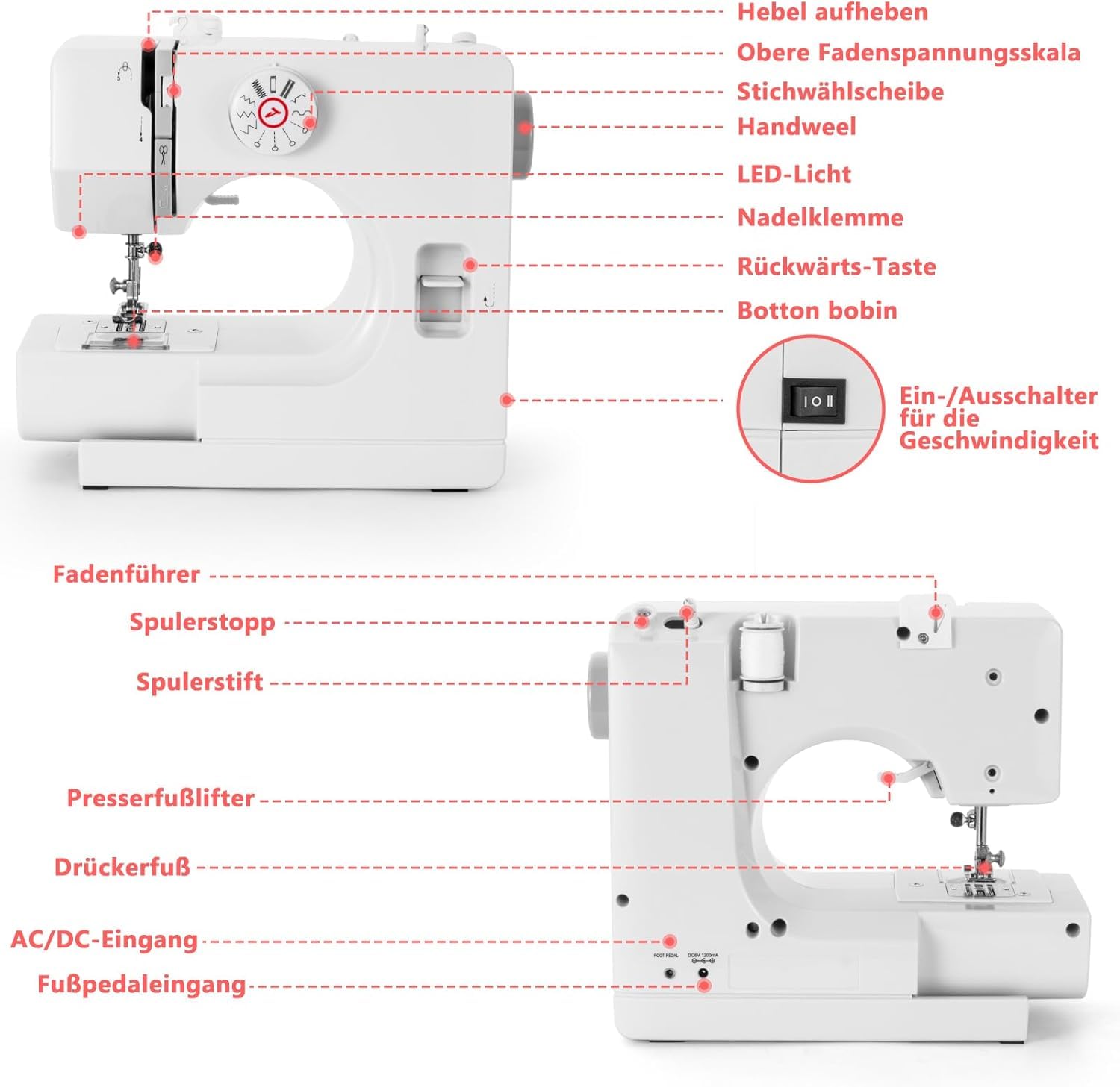 Macchina da cucire meccanica per principianti e principianti, 12 programmi di cucitura, braccio libero, luce da cucito e pedale elettrico con pedale e kit da cucito