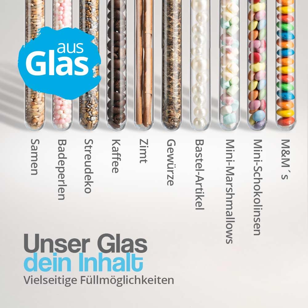 Tuuters Glas Reagenzglas mit Verschluss 25 Stück - 250 x Ø30mm Glasröhrchen | Reagenzgläser mit Deckel, luftdicht, ca. 150ml, 25cm hoch, 3cm breit, für Salz, Gewürze, Vanille, Kräuter, Tee aufbewahren