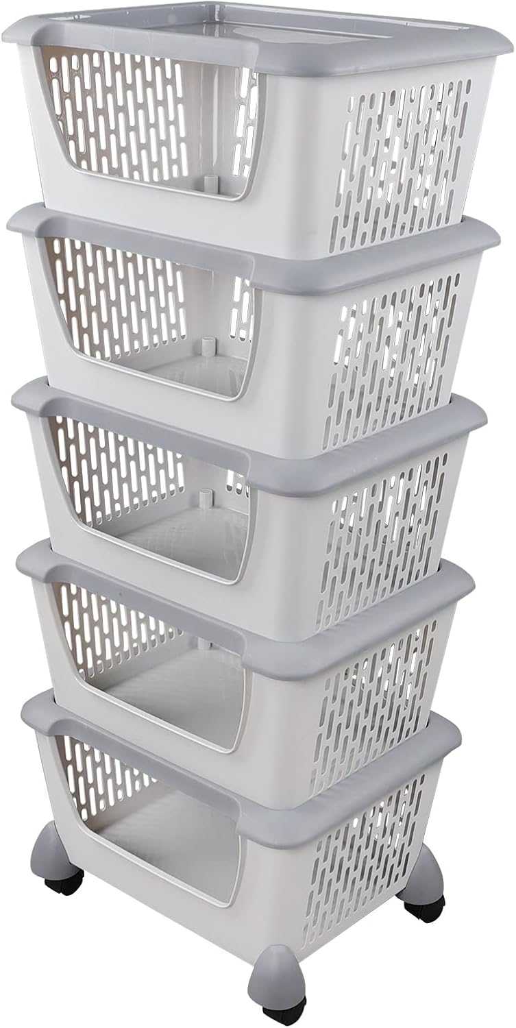 Tstorage 5tier Stacking Storage Basket with Wheels, Plastic Open Stacking Basket