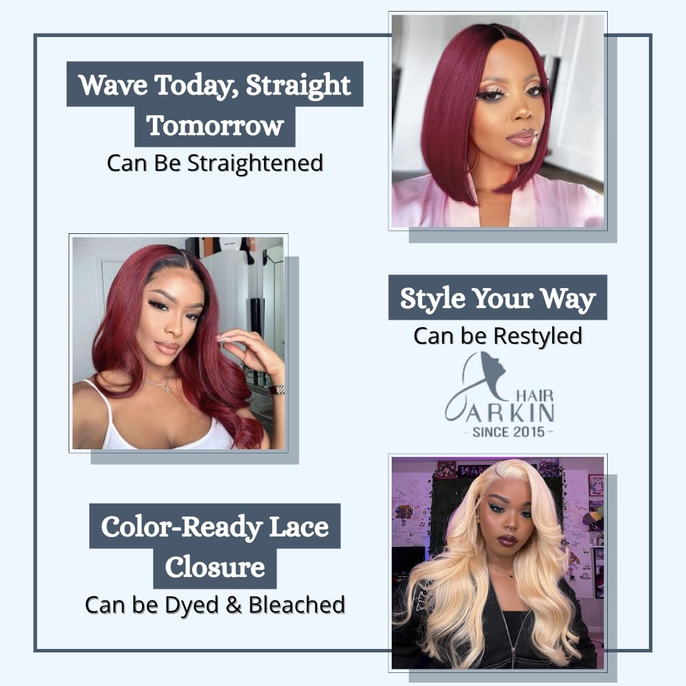 Burgundy Body Wave 4x4 Closure Human Hair, Ombre Brazilian Virgin Remy Pre Plucked, 100% human hair Closure Free Part 15A, Two tone Burgundy and black 4X4 hd lace closure wigs T1B/99J 12 inch
