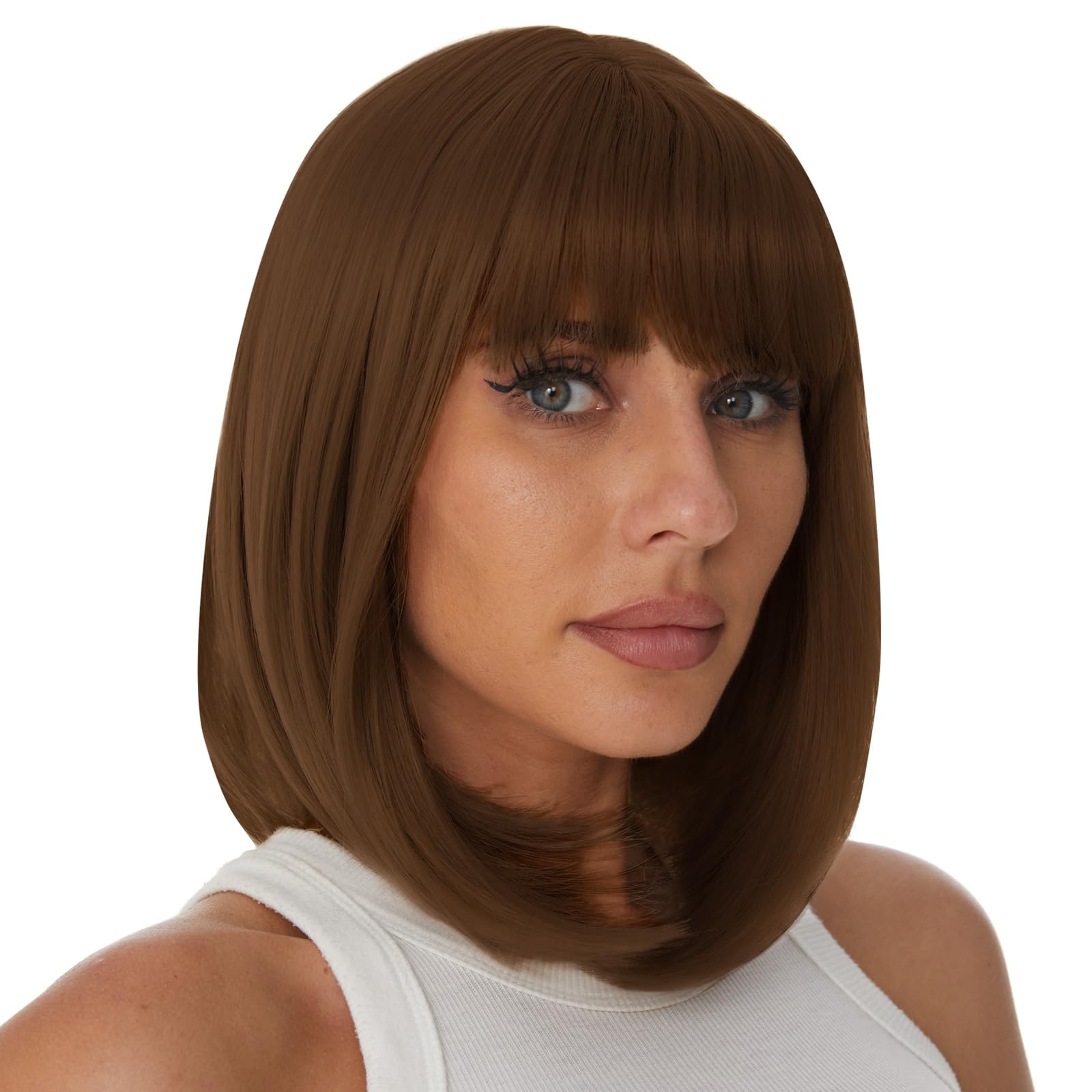 Onpep Short Straight Bob Wigs with Air Bangs Honey Brown Wig for Women Shoulder Length Heat Resistant Fiber Hair Wigs