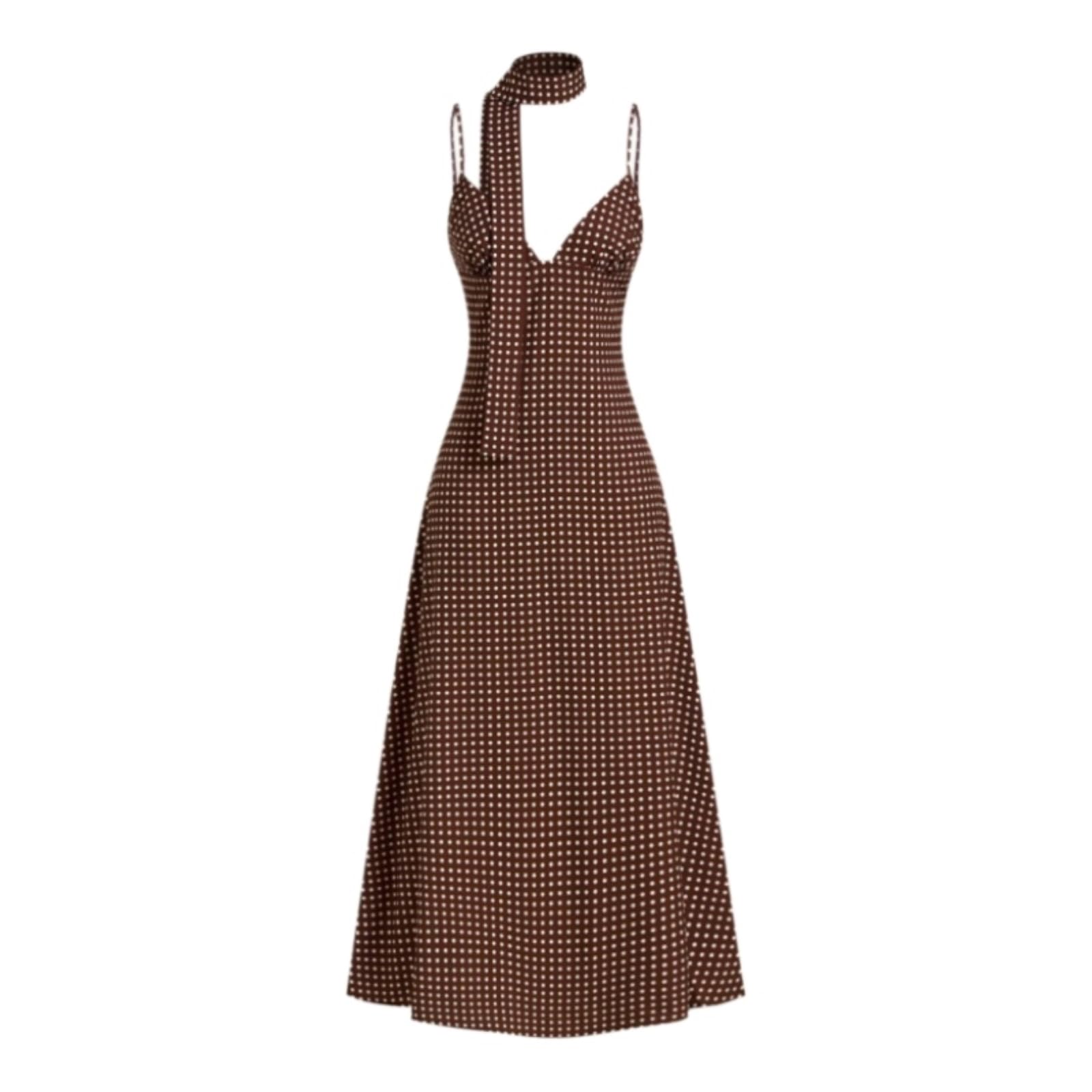 Vestito Abito Midi Marrone A Pois con Spalline, Scollo A V, Cintura in Vita, Senza Maniche E con Schiena Scoperta.
