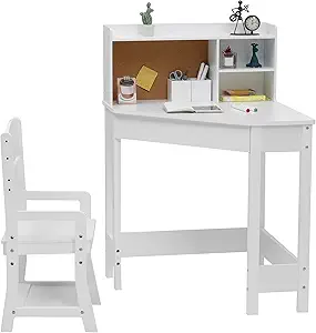 GarveeHome Kids Desk and Chair Set, Wooden Corner Study Table with Bookshelf, Bulletin Board, and Pen Holder, Writing Table for Boys and Girls, White
