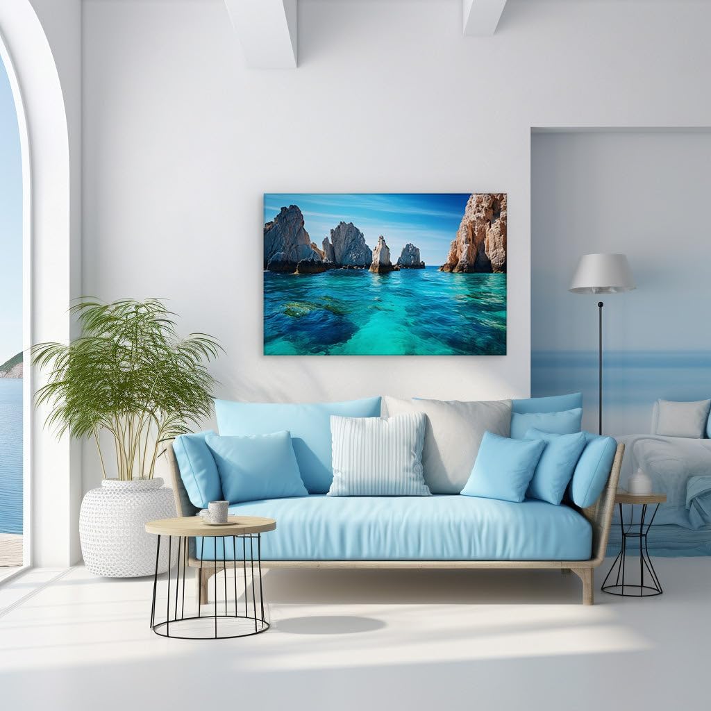 Canvas for Living room. Sunny Serenity: Exploring the Crystal Waters and Rocky Shores of a Pristine Seascape, 27 x 18 inch Canvas Wall Art - Contemporary Masterpieces - Modern Home Decor