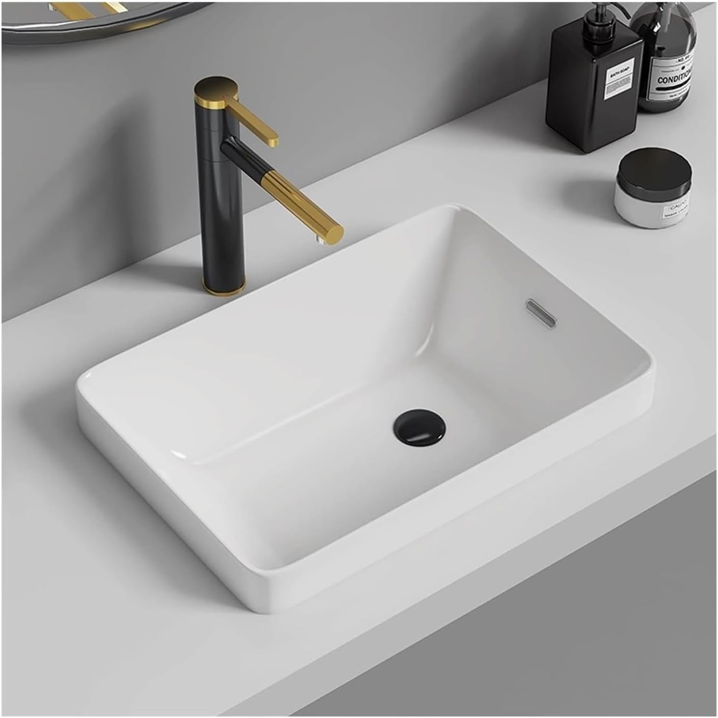 Rectangular Above Counter Vessel Sink White Ceramic Bathroom Sink with Faucet and Pop-Up Drain Combo Countertop Sink