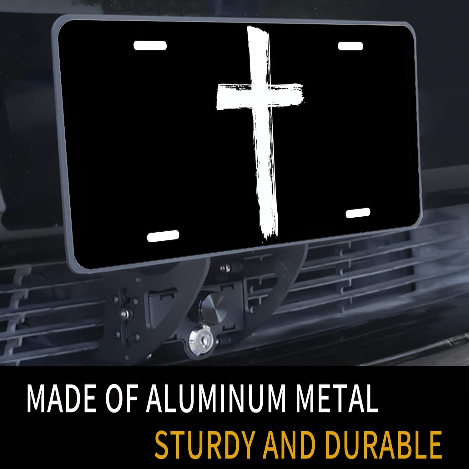 Cross Black and White Decorative Aluminum Front License Plate Cover 6x12 Inch 4 Holes Brown - Wall Decoration, Vehicle Decoration, Female License Plate
