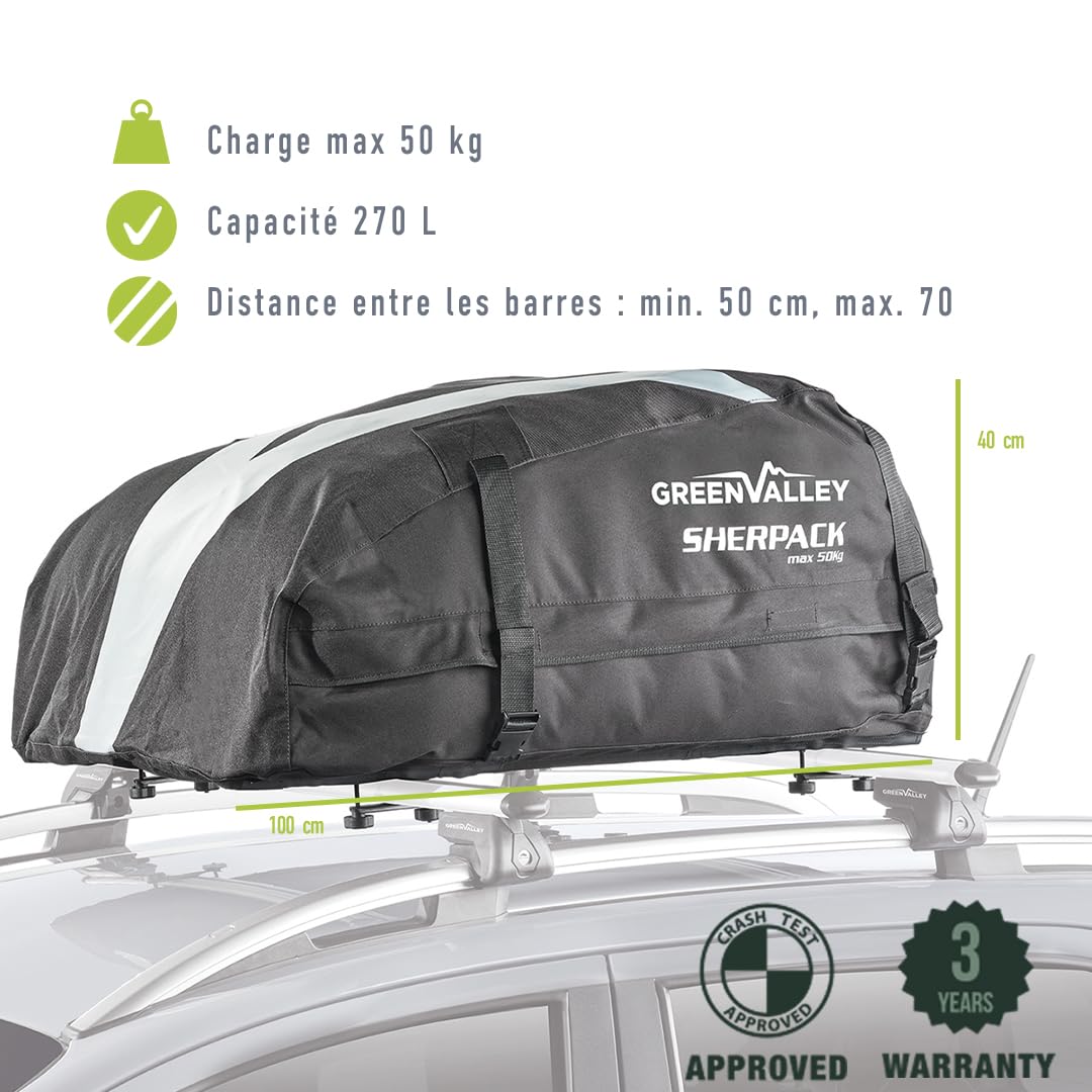 Green Valley 158005 Coffre de Toit Souple 270 L – Étanche, Pliable & Compact – Fixation Barres Universelles