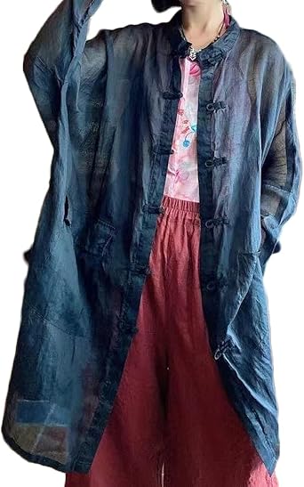 NFYM Womens Long Jacket Thin Kimono Vintage Chinese Frog Button Cape Trench Pockets Linen Blouse Loose Long Shirt Dresses