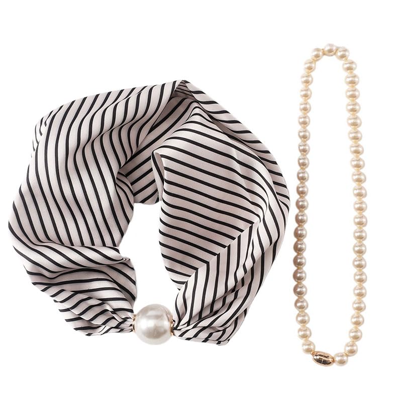 Silk Scarf Necklace with Pearl Magnetic Buckle, 2 In 1 Small Necklace Collar Scarf Pearl Necklace Neck Scarf Retro Scarfs