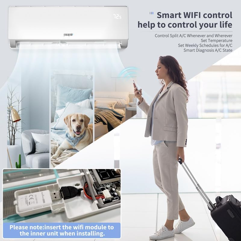 Woman using a smartphone to control the pasapair AC unit, with scenes of a bedroom, a dog, and a person traveling, illustrating remote control capabilities.