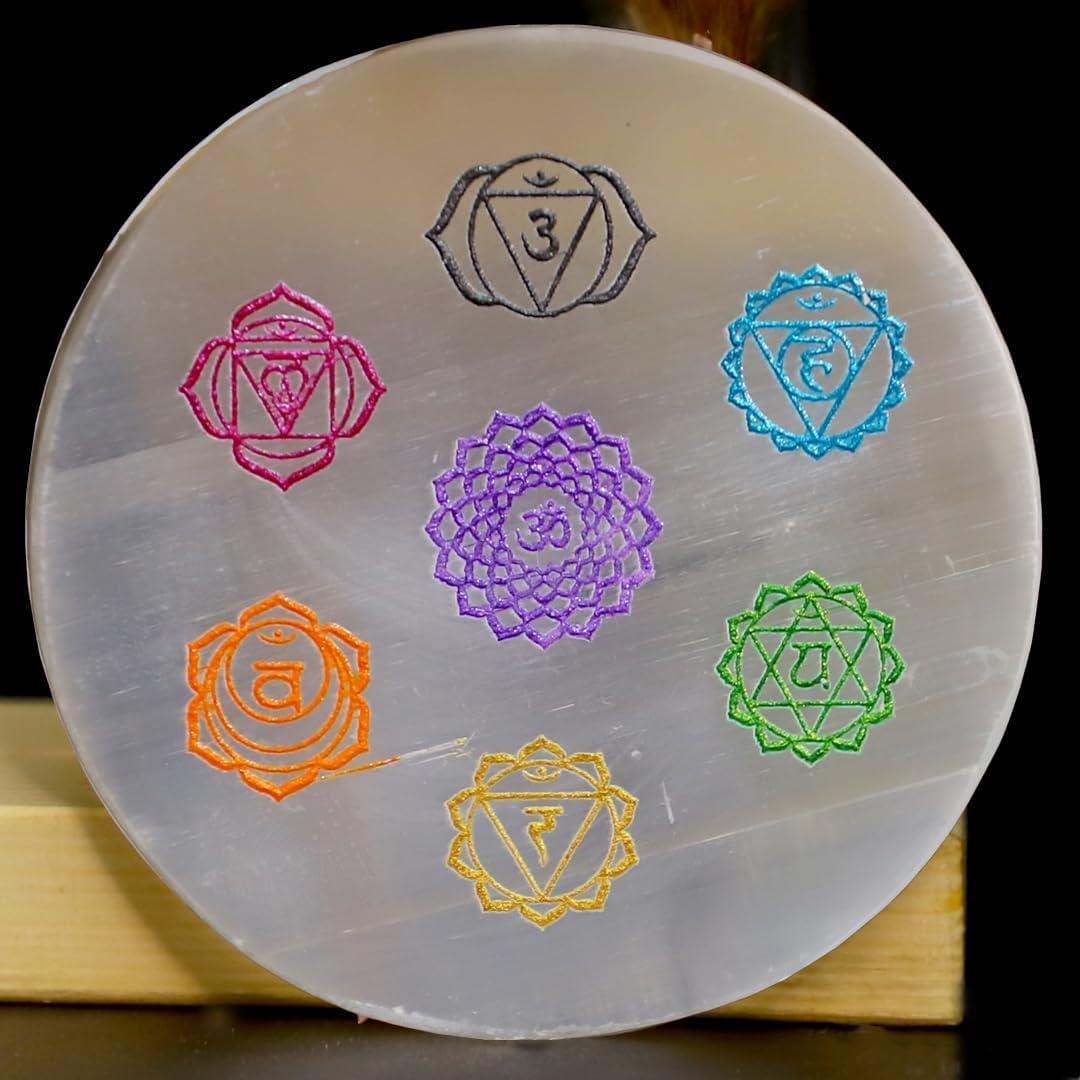 Selenite Seven Chakra Crystal Charging Plate Round 3 Inch Natural Crystal Plate for Crystal Storage Meditation Altar Reiki Practice Chakra Decor Spiritual Accessories Pack of 1