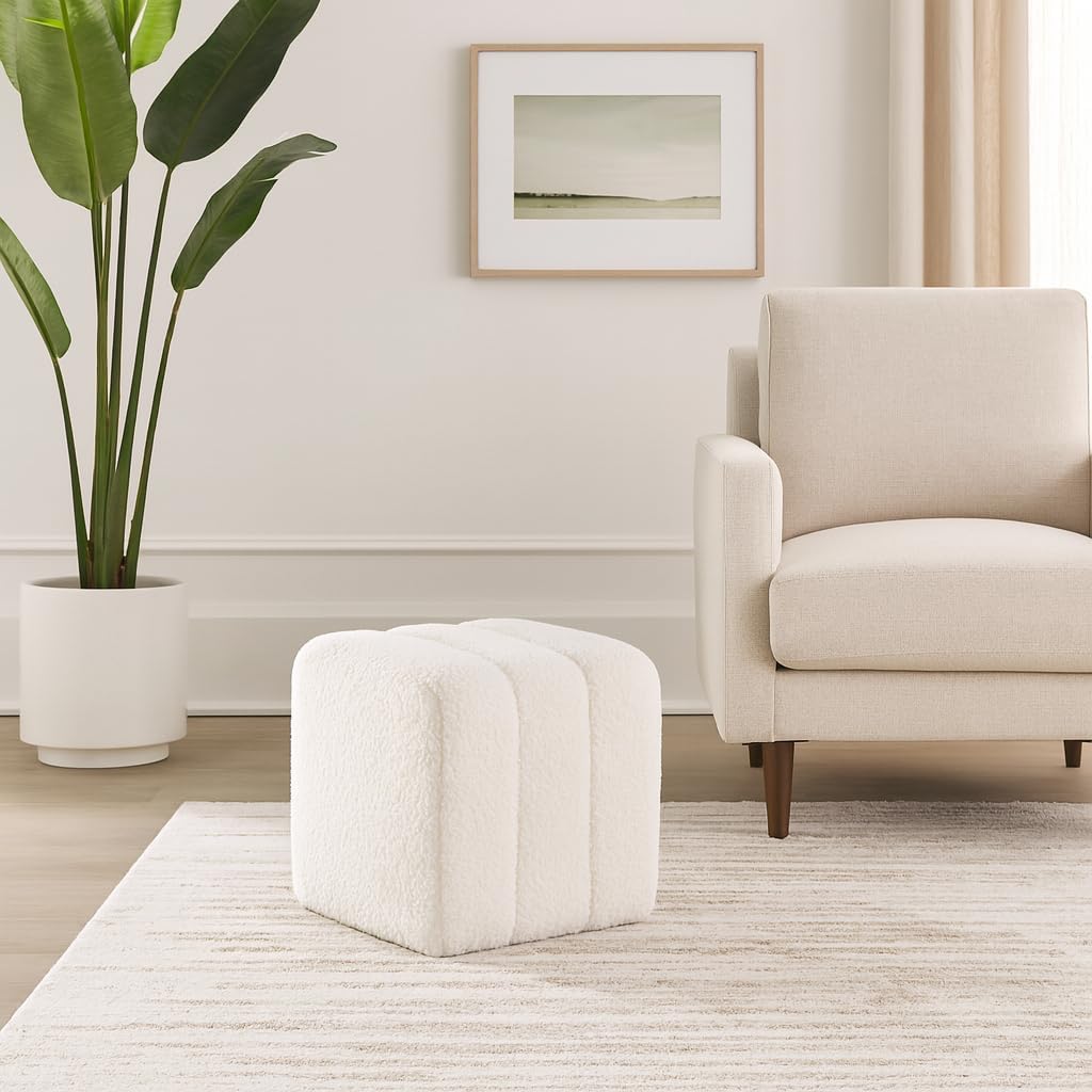 Decorative Ridged Square Ottoman for Home Decor - Stylish Ottoman Perfect for Vanity Chair, Bedroom Stool, and Office Decor - Upholstered Foot Rest for Living Room Furniture - 16", White