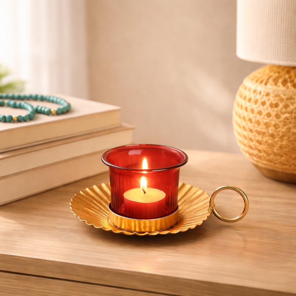 Market99 Metal+Glass Single Votive T Light Holder | for Diwali, Christmas, Birthday, and Wedding | Decorative Candle Holder for Home Decor & Festive Season | Golden & Red-image-34