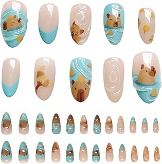 24 Stück Capybara Nägel Sticker Set, Fingernägel zum Aufkleben Kinder, Capybara Muster Künstliche Nägel Zum Aufkleben im Alter von 6-12 Jahren mit Gelee Gel, Künstliche Fingernägel für Mädchen
