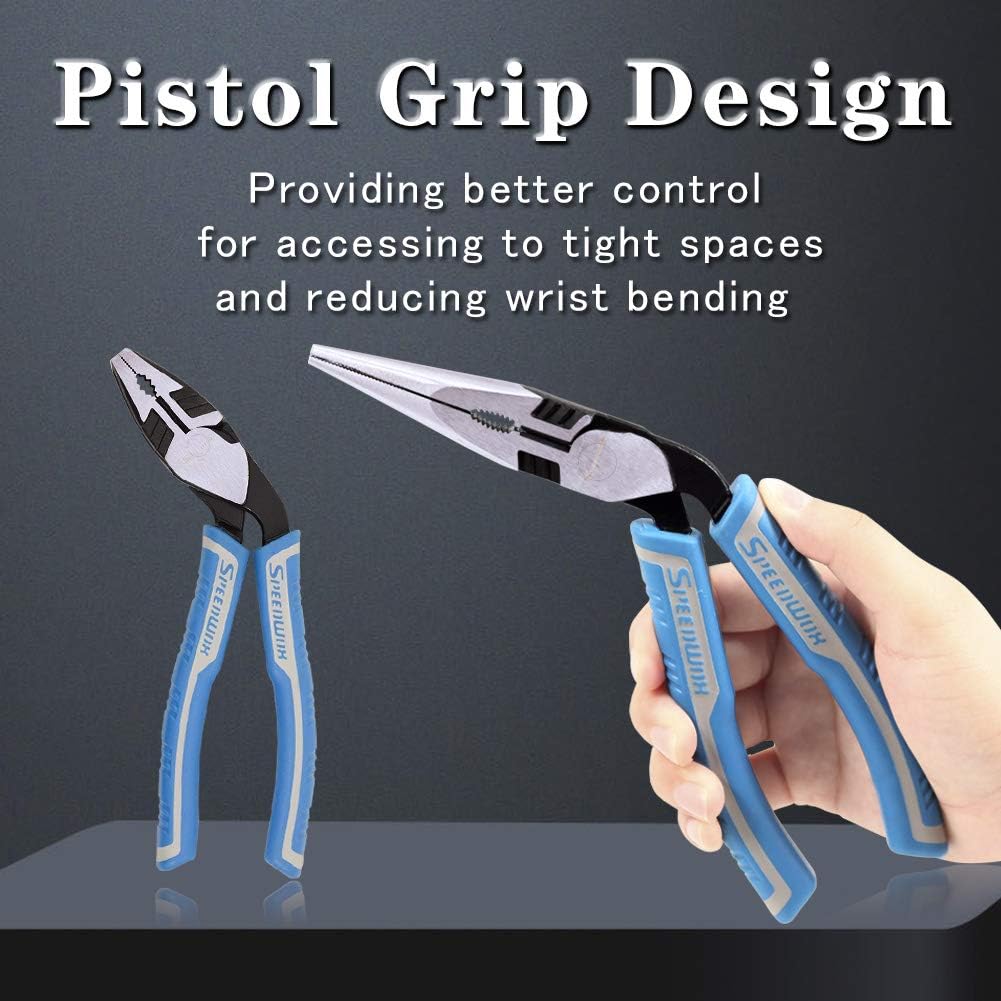 SPEEDWOX Combination Pliers Lineman Pliers Long Nose Pliers Set 2 Pcs Reduce Effort by 35% Heavy Duty Multi Use Wire Cutters Side Cutting Remove Screws Bolts Pistol Grip