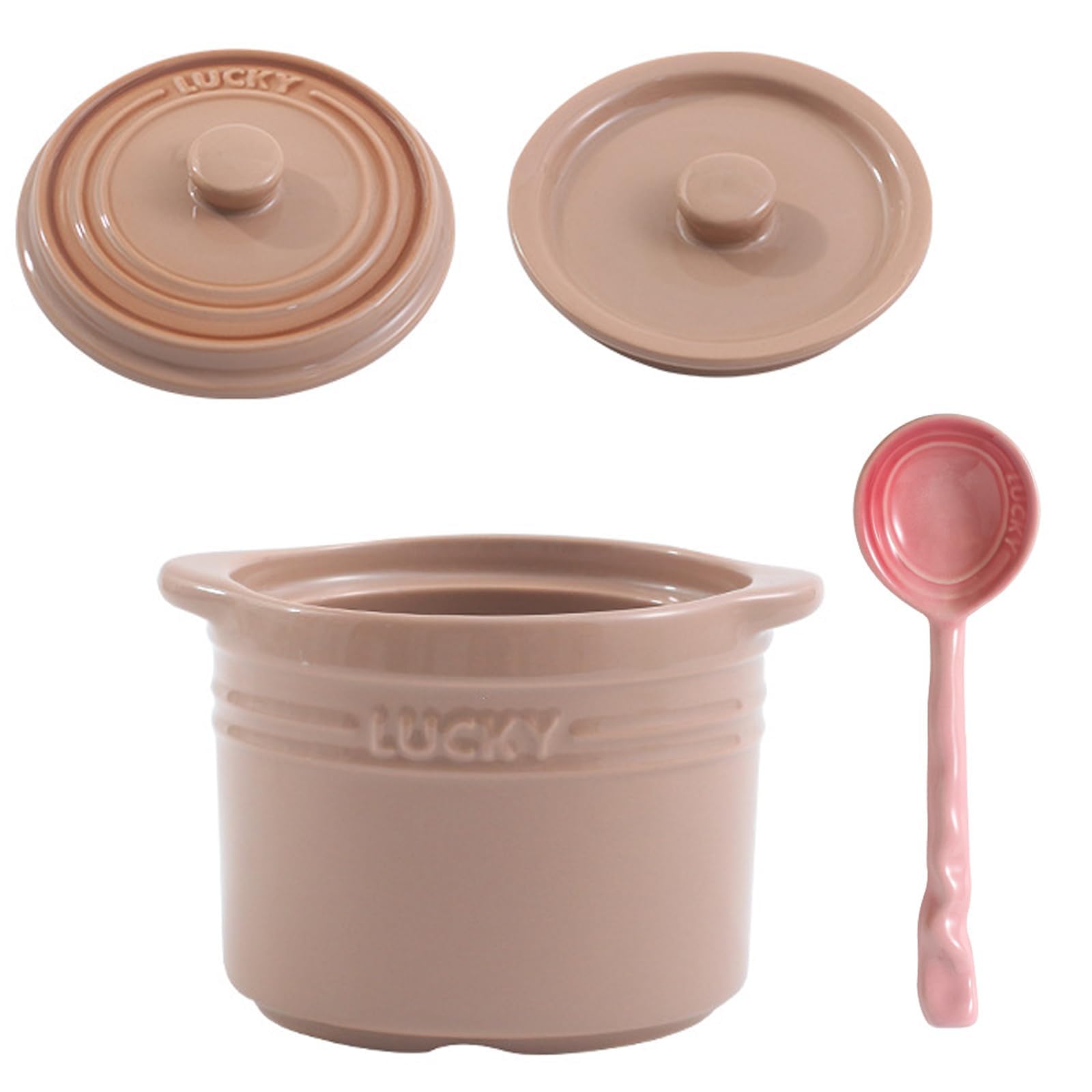 Olla de cerámica para sopa, olla doméstica con doble tapa y cuchara, cazuela pequeña portátil y colorida para postres con huevo, color rosa.