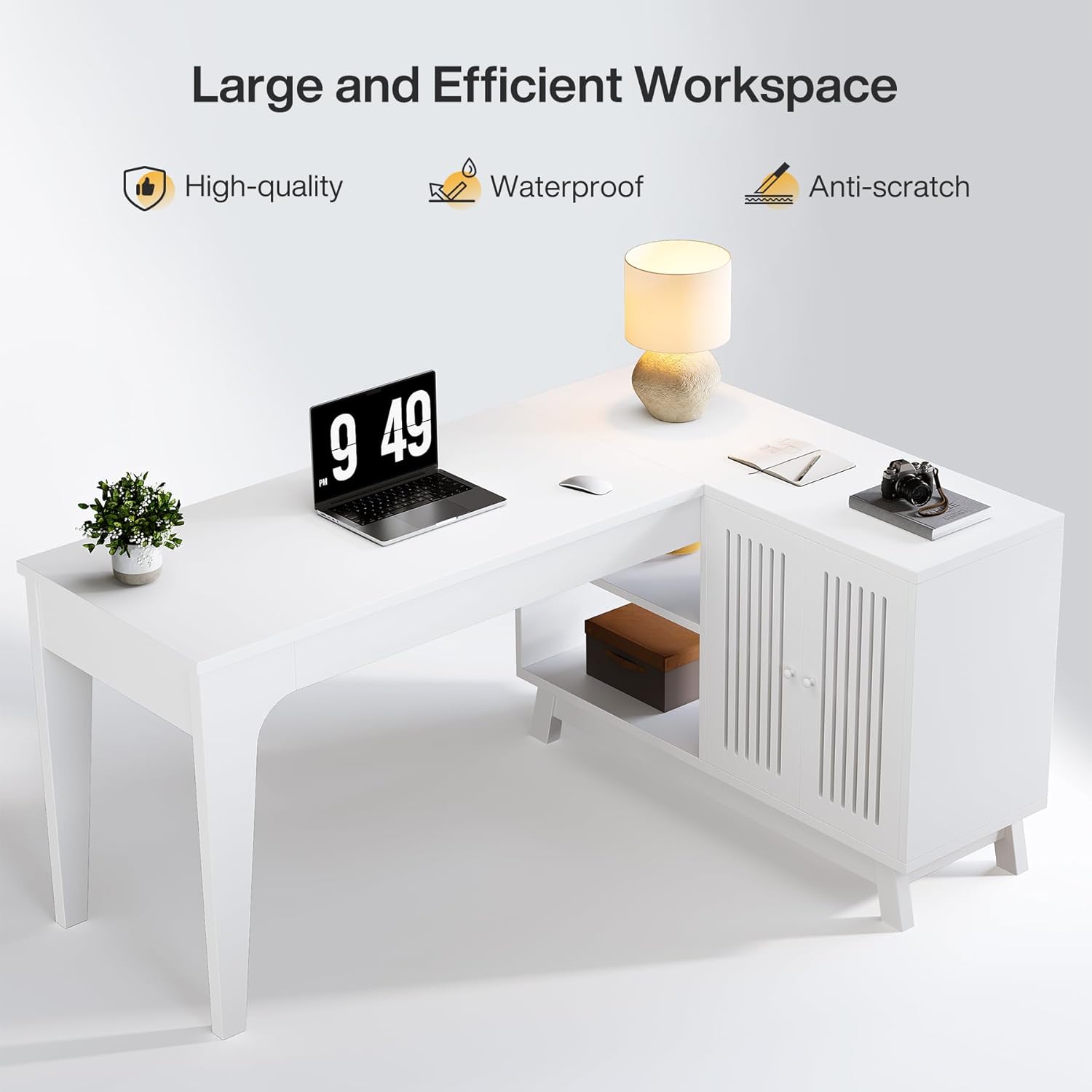 Tribesigns L-Shaped Desk with various office items, demonstrating its storage capabilities with open shelves and a closed cabinet.