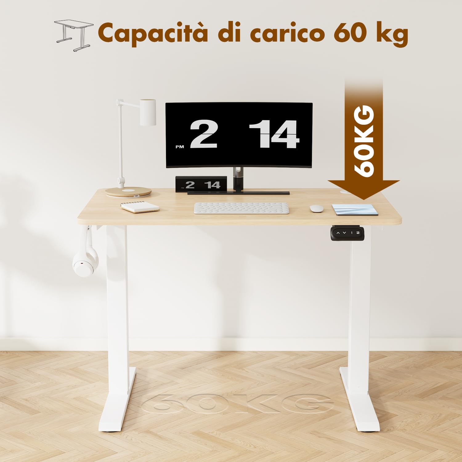 Scrivania Elettrica Regolabile 100x60 Cm - Altezza 71-119 Cm, 2 Memorie, Gancio Per Cuffie - Foto 10