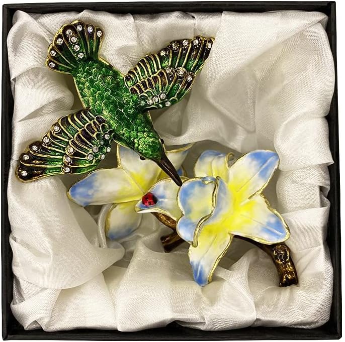 Hummingbird Figurine Home Decor Bird Trinket Jewelry Box, Enameled Hand-Painted Hinged Trinket Box, Elegant Home Décor & Unique Gift for Bird Lovers