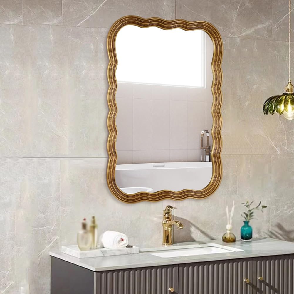 Lustro Łazienkowe Prostokątne 60x90 cm, Nowoczesne Dekoracyjne Lustro Ścienne ze Złotą Falistą Ramą do Zawieszenia Poziomo lub Pionowo