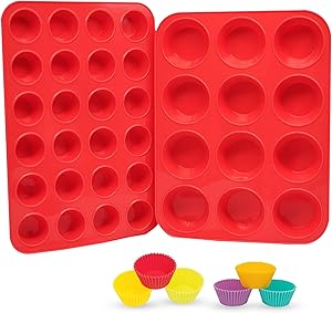 Silicone Muffin Pan Set, 12 Cup Muffin Tin & 24 Mini Muffin Pan,Katbite Food Grade Silicone muffin Molds Tray for Egg Muffin, Cupcake, Fat Bomb Cheesecakes with 6 Silicone Baking Cups