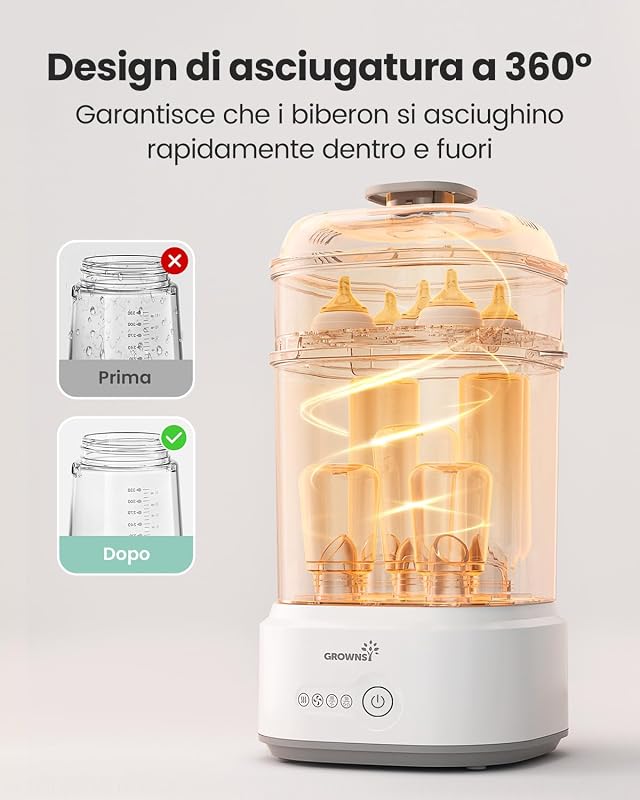 Sterilizator electric compact cu aburi GROWNSY cu funcție de uscare pentru biberoane, suzete și piese de pompă de sân