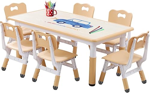 Juego de mesa y sillas para niños, escritorio ajustable en altura con 6 asientos para edades de 3 a 12 años, mesa de arte y manualidades, escritorio