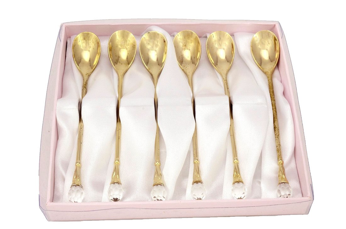 Gold Plated Flatware Tea Spoons with a Clear Crystal Jeweled Tip Set of 6