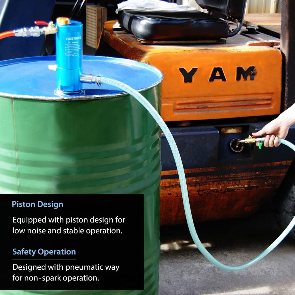 FIRSTINFO A1182US Pneumatic Oil Barrel Drum Pump/Dispenser (1:1) for 50-gallon Pails/Drums and Open Containers/Vessels, Fast Oil/Liquid/Fluid Transfer