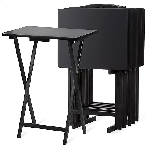 Miniatura 11 de PJ Wood Juego de 5 piezas, 4 mesas plegables de madera para TV con estante de almacenamiento, nogal