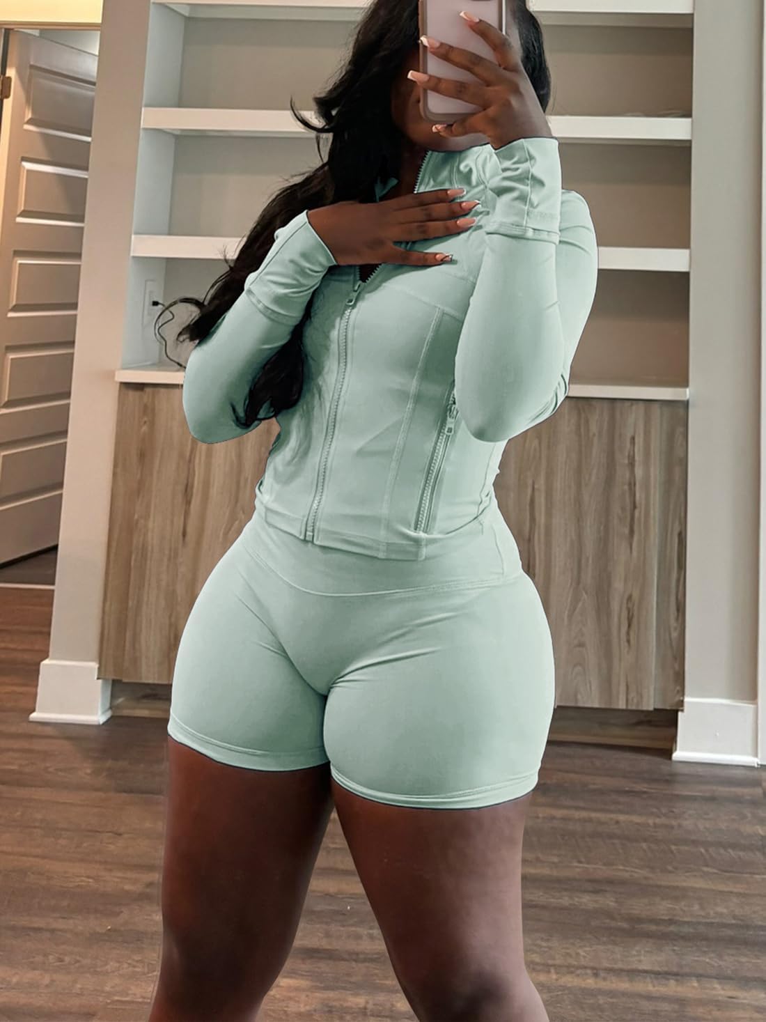 Women Workout 2 Piece Outfits Sets Long Sleeve Zipper Jacket Bodycon Shorts Set Yoga Jogging Sweatsuit - Image 4