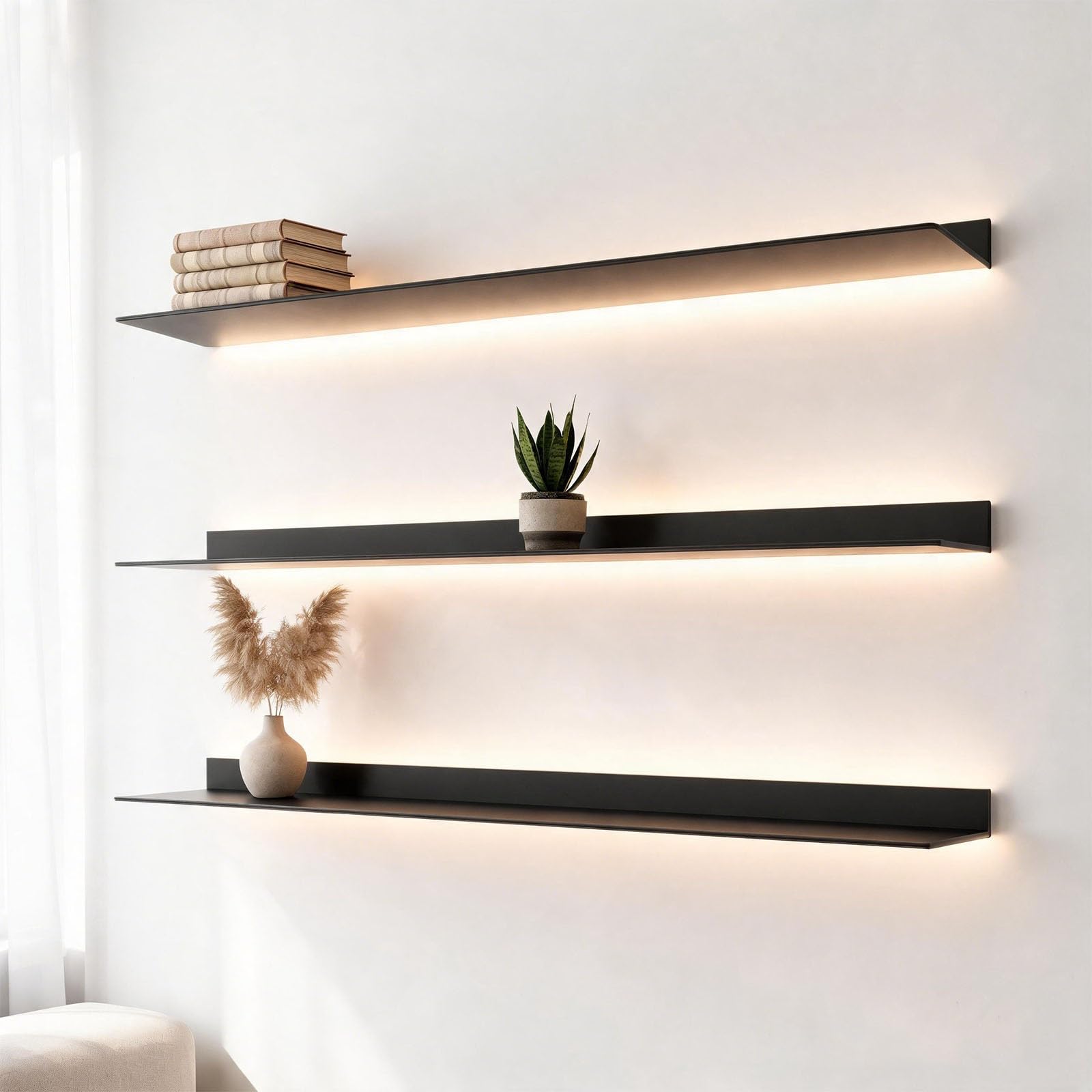 BVCL Mensola Da Parete Sospesa In Metallo Con LED | Scaffale Galleggiante Illuminato Per Soggiorno Camera Da Letto Bagno, Design Moderno(Black,80 cm)