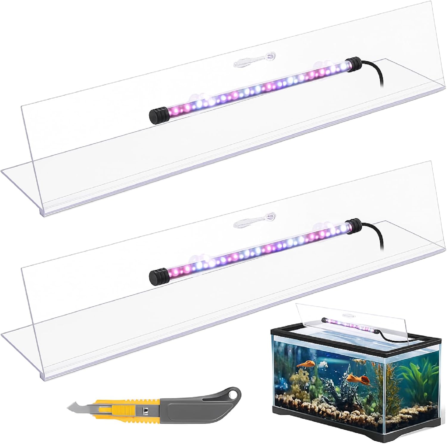 Sieral Aquarium Lids Polycarbonate Canopy with LED Light 2 Pcs Set 22.95 x 16.61 x 0.12 Inch for 75/90/110 Gallon with Center Brace Aquariums Cover Fish Tank Lid with a Hook Knife, Clear Clear 48 x 18 Inch