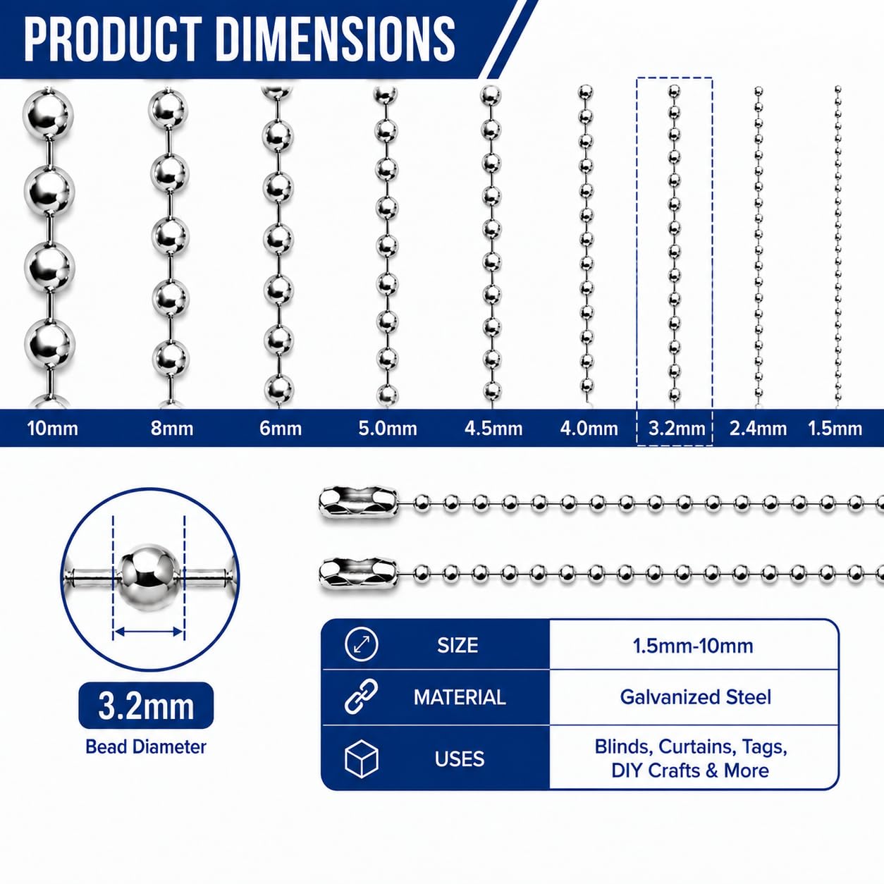 3.2mm Galvanized Steel Ball Bead Chain, 50FT/15M, 10 Connectors