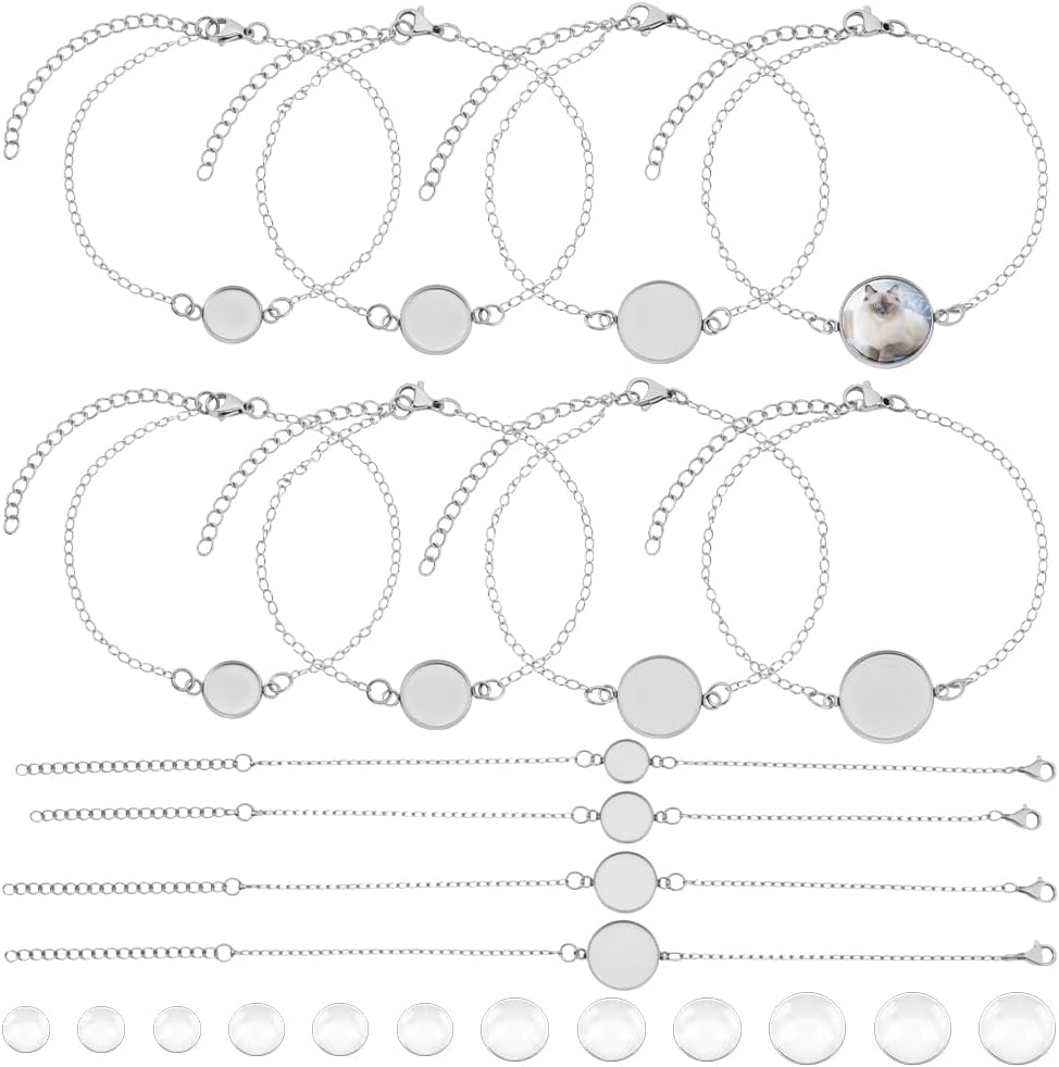 AHANDMAKER 24 Pcs 4 Sizes Bracelet Bezel Tray 304 Stainless Steel Cable Chains 10/12/10/16mm Blank Tray Bangles Bracelets Jewelry Bezel Base Settings with Glass Cabochons for DIY Craft Jewelry Making