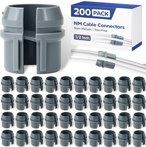 200 Pack Non-Metallic Cable Connectors 1/2 Inch, NM Cable Connectors Fits Single Cable 14/2-10/3 AWG, Two Cables 14/2-12/2-14/3 AWG, Tool-Free Quick Installation